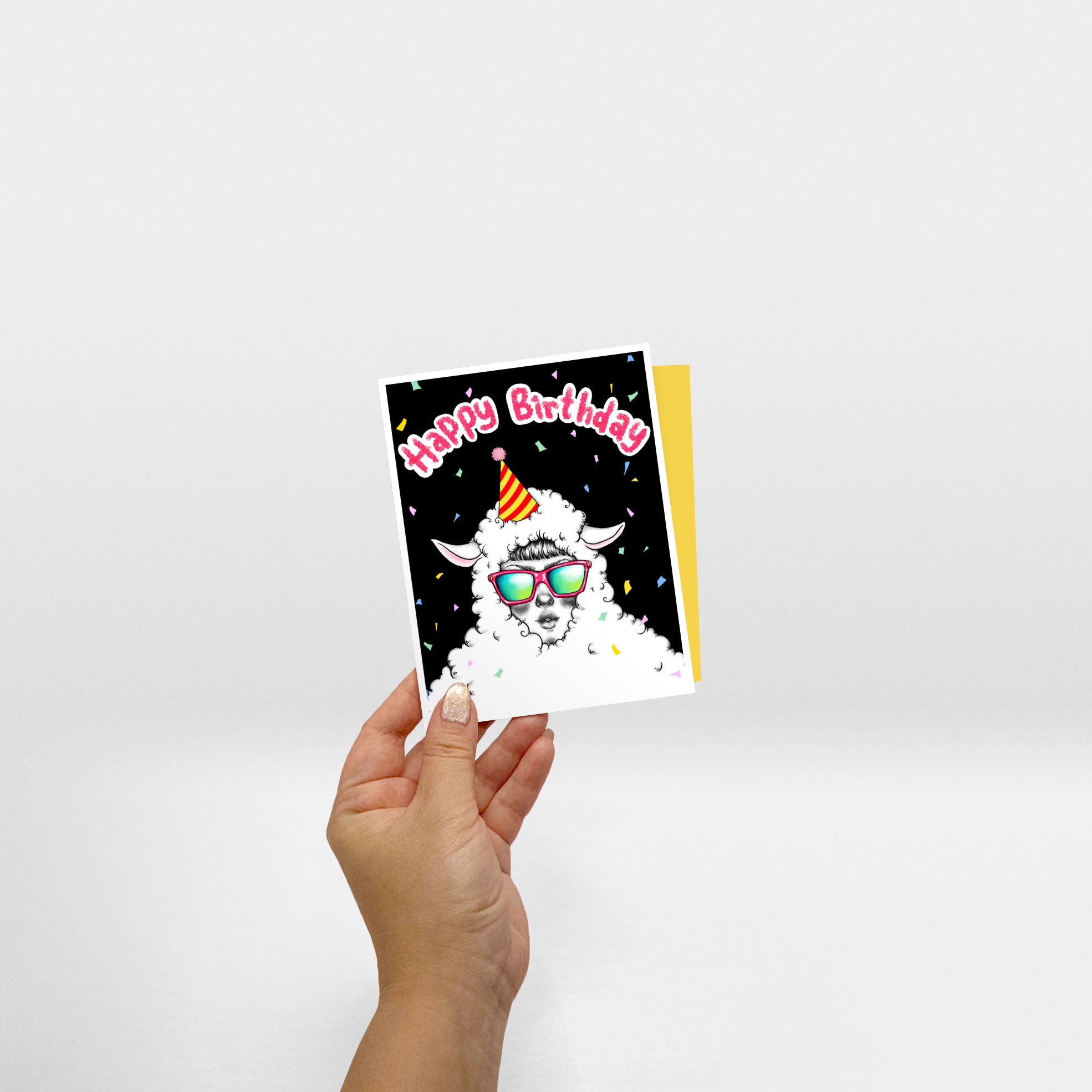 Hand holding Happy Birthday to  Ewe Sheep Birthday Card - Sabrina Tanaka Art