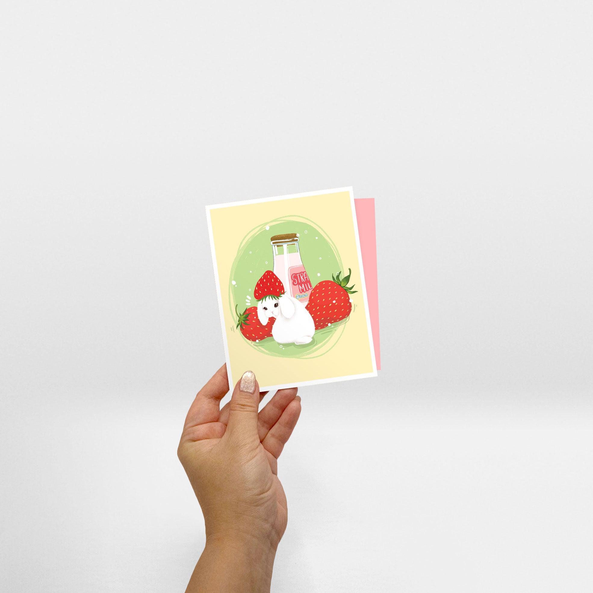 Hand holding Strawberry Milk Greeting Card - Sabrina Tanaka Art